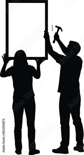 Couple Hanging Picture Frame Silhouette Vector Graphic of Home Improvement and Renovation Activity
