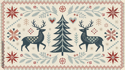 Charming folk art holiday scene features reindeer, Christmas tree, snowflakes and festive floral elements
