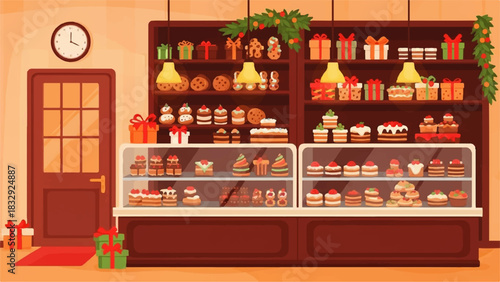 Festive Bakery Scene Christmas Treats and Baked Goods Displayed in a Cozy Shopfront