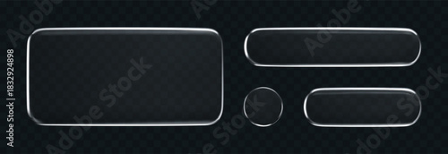 3D liquid glass buttons with transparent neon silver shine effect, isolated on a dark background. Render of liquid glass frame, UI UX elements for phone app or game interfaces. 3D tech digital vector