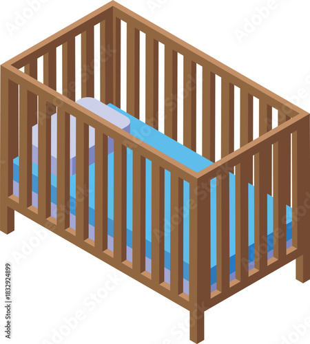 Wooden baby crib with blue mattress and pillow, isometric view, perfect for childcare and parenting concepts