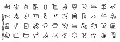Travel and logistics line icon set. Vector pictograms of passport, airplane, ship, bus, suitcase, and security officer, thin linear illustration.