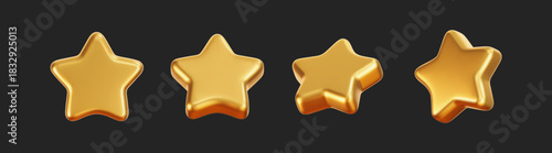 3D golden star icon set isolated on dark background. Realistic yellow metal pentagram element for review, award, badge, luxury gift, premium trophy, customer feedback. Glossy vector decoration design