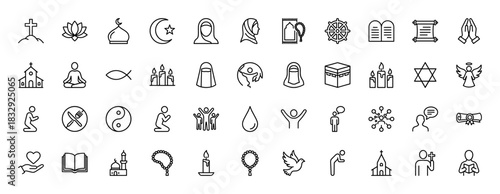 Religion and spirituality line icon set. Vector pictograms of prayer, worship, faith, cross, mosque, kaaba, yin-yang, and meditation symbols, thin linear illustration.
