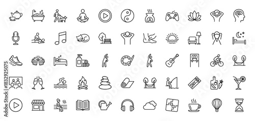 Relaxation and wellness line icon set. Vector pictograms of yoga, meditation, spa, sleep, and leisure activities, thin linear illustration.