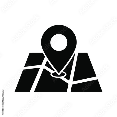 Black and white icon representing a map with a location pin marker indicating a specific point of interest or destination