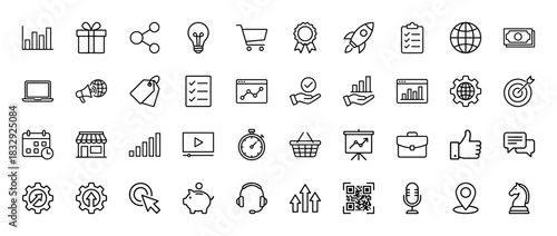 Business and marketing line icon set. Vector pictograms of shopping, strategy, analysis, finance, and technology, thin linear illustration.