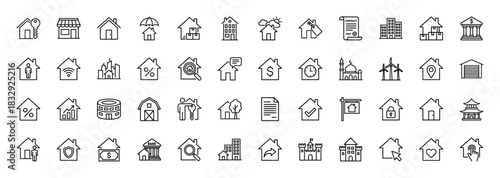 Real estate outline icon set. Vector pictograms of houses, apartments, finance, and property management, thin linear illustration.