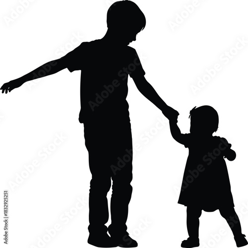 Older sibling holding hands with younger child silhouette vector illustration of childhood guidance and support