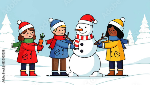 Children building a snowman together in a snowy winter landscape, celebrating the season