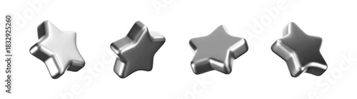 3D silver star icons isolated on white background. Realistic chrome metal pentagram element for review, award, badge, luxury gift, premium trophy or customer feedback. Glossy vector decoration design