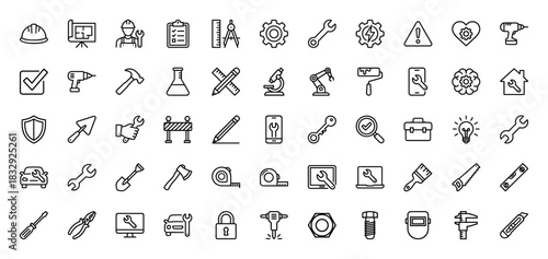 Engineering and maintenance line icon set. Vector pictograms of gear, helmet, wrench, blueprint, drill, and hammer, thin linear illustration.