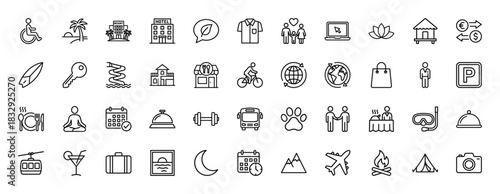 Travel and vacation line icon set. Vector pictograms of hotel, resort, beach, airplane, luggage, restaurant, camping, family, transport, thin linear illustration.