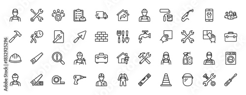 Construction and repair line icon set. Vector pictograms of tools, workers, equipment, and building materials, thin linear illustration.