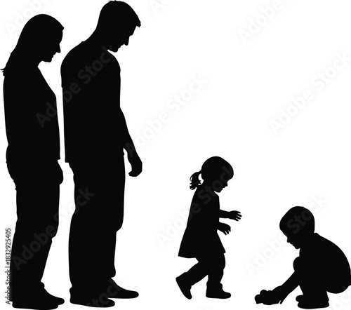 Black vector silhouette of family with parents watching two young children playing