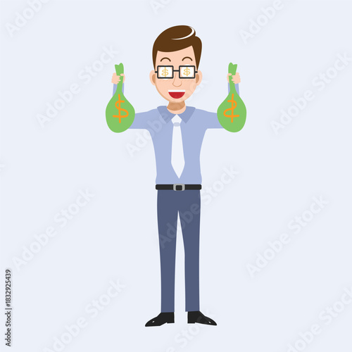 Flat vector illustration of a cheerful young businessman or office worker wearing glasses, holding a green money bag with a dollar sign in each hand