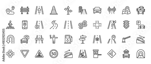 Traffic and road safety line icon set. Vector pictograms of car, highway, navigation, bridge, traffic light, tunnel, parking and construction, thin linear illustration.