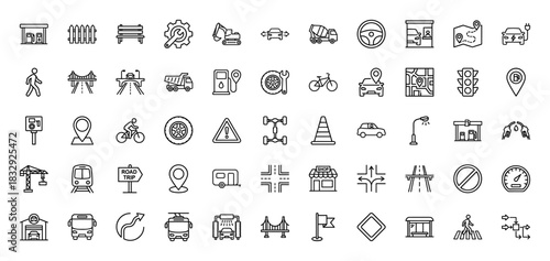 Transportation and road traffic line icon set. Vector pictograms of car, bus, bridge, map, traffic light, gas station, parking, road sign, thin linear illustration.
