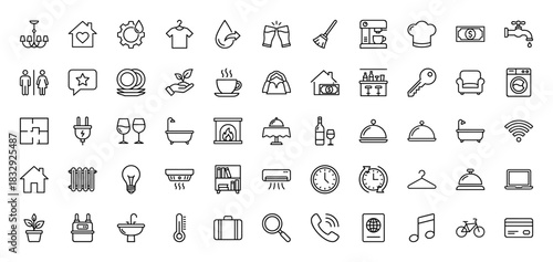 Hospitality and home outline icon set. Vector pictograms of furniture, amenities, services, and travel, thin linear illustration.