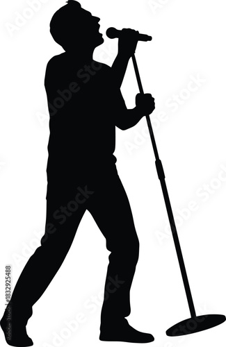 Black Silhouette of Male Singer Performing Live on Stage with Microphone Stand Vector Icon