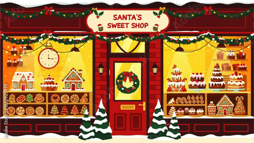 Charming holiday sweet shop storefront with festive decorations, displaying a delightful assortment of freshly baked cakes, gingerbread houses, and seasonal confectionery