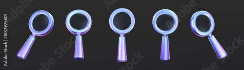 Futuristic 3D magnifying glass icons in holographic glass style. Shiny gradient search symbols with iridescent glow, perfect for UI, apps, digital design, education or technology interface. 3d vector