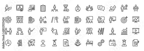 Business and career development line icon set. Vector pictograms of growth, training, coaching, presentation, and success, thin linear illustration.