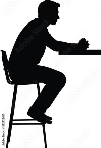 Black silhouette of a man sitting on a bar stool at a high counter table with hands resting on the surface side view vector illustration