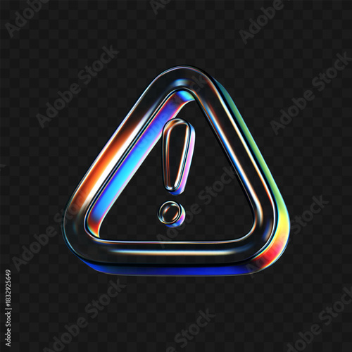3D glass warning icon with holographic neon gradient glow isolated on dark bg. Render of liquid glass triangle attention sign. Transparent caution mark for danger, exclamation and hazard. 3D vector