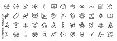 Science and technology line icon set. Vector pictograms of research, innovation, engineering, medicine, and development, thin linear illustration.