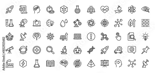 Science and technology line icon set. Vector pictograms of research, innovation, engineering, laboratory, and artificial intelligence, thin linear illustration.