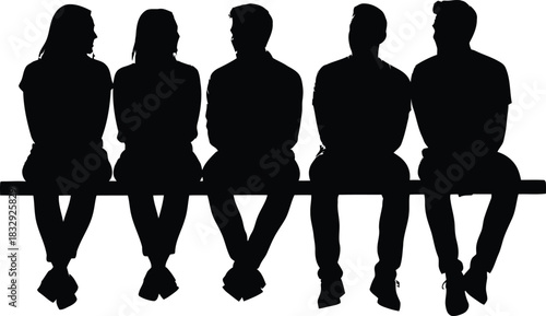 Five people sitting together on a bench silhouette group portrait vector illustration isolated on white background