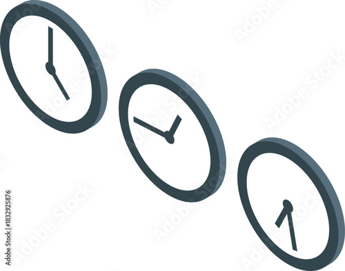 Three simple clocks are showing different times, useful for concepts related to time management, scheduling, and deadlines