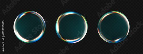 3D water drop icons set. Glossy transparent blobs with holographic rainbow edge, fluid texture and light reflections. Realistic abstract UI elements for cosmetics, serum, or futuristic design