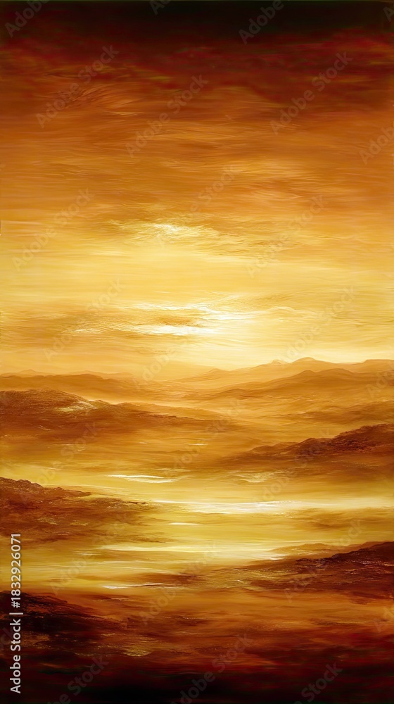 Fototapeta premium An abstract painting depicting a landscape with warm golden and brown tones, evoking a sense of drama and atmosphere.