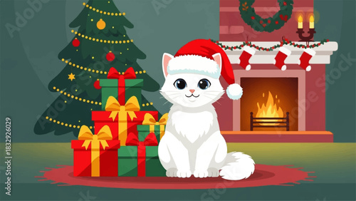 Festive Feline A Christmas Cat Illustration with Gifts and Tree