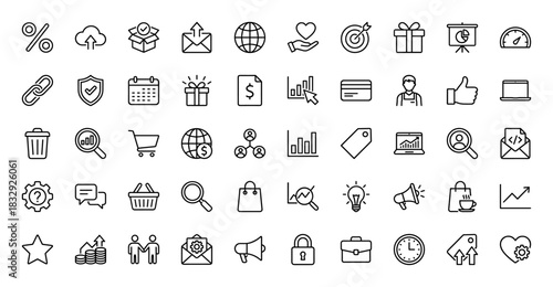 E-commerce and marketing line icon set. Vector pictograms of shopping cart, target, graph, mail, and delivery box, thin linear illustration.