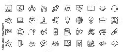 Business and education line icon set. Vector pictograms of teamwork, startup, presentation, certification, and goal setting, thin linear illustration.