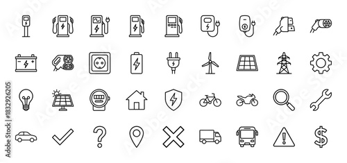 Energy and transportation line icon set. Vector pictograms of charging station, battery, solar panel, wind turbine, vehicles, and tools, thin linear illustration.
