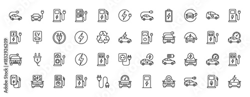 Electric vehicle charging line icon set. Vector pictograms of charging station, car, plug, battery, and renewable energy, thin linear illustration.