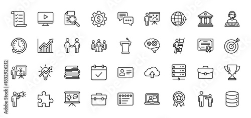 Business and strategy line icon set. Vector pictograms of teamwork, brainstorming, finance, and learning, thin linear illustration.