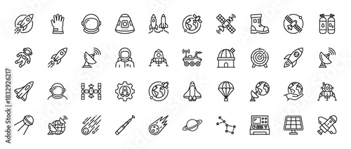 Space and astronomy line icon set. Vector pictograms of rockets, astronauts, satellites, and celestial objects, thin linear illustration.