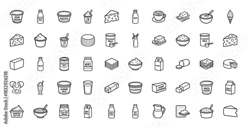 Dairy product icon set. Vector pictograms of milk, cheese, yogurt, butter, and cream, thin linear illustration.