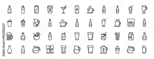 Beverage line icon set. Vector pictograms of cocktails, coffee, beer, bottles, and hot drinks, thin linear illustration.