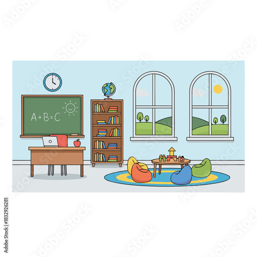 Childrens Classroom With Beanbag Chairs And Bookshelf Filled With Books On A Sunny Day