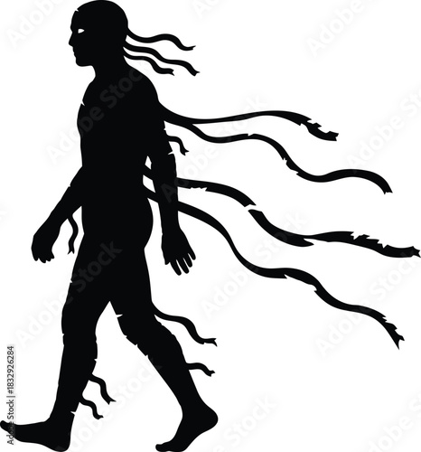 Black Silhouette of Walking Mummy Figure with Flowing Torn Strips and Glowing Eyes