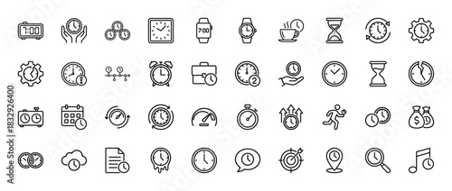 Time management line icon set. Vector pictograms of clock, wristwatch, stopwatch, calendar, and hourglass, thin linear illustration.