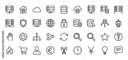 Database and server line icon set. Vector pictograms of cloud storage, data center, network security, firewall, connectivity, user, settings, backup and hosting, thin linear illustration.