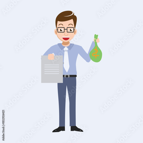 Happy Businessman Holding Money Bag and Document