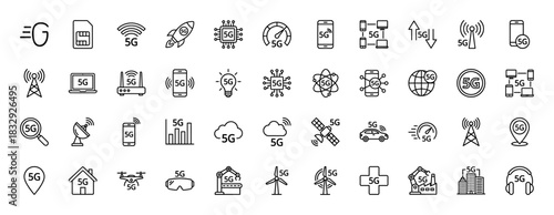 5G technology line icon set. Vector pictograms of smartphone, antenna, satellite, router, speedometer, chip, smart home, robot, cloud and drone, thin linear illustration.
